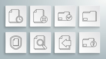 Set line Document protection concept, Delete file document, with search, Next page arrow, Unknown folder, and check mark, and clock icon. Vector