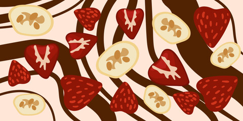Background of decorative chocolate for Valentine's Day for lovers. Chocolate background with berries, fruits, nuts. White and dark chocolate with additives. To print banners
