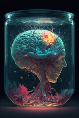 Laboratory experiment of human brain and alien mutagen combination in glass jar; bizarre living and sentient new life form evolving - Generative AI illustration. 