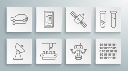 Set line Radar, Smartphone, mobile phone, Factory conveyor system belt, Robot, Binary code, Satellite, Test tube and flask and Electric car icon. Vector