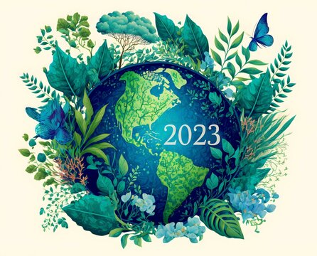 The new year 2023 on ecofriendly world natural plant design on white background with the planet earth in shades of blue, green and yellow leaves depicting natural energy and sustainability, growth.