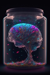 Laboratory experiment of human brain and alien mutagen combination in glass jar; bizarre living and sentient new life form evolving - Generative AI illustration. 