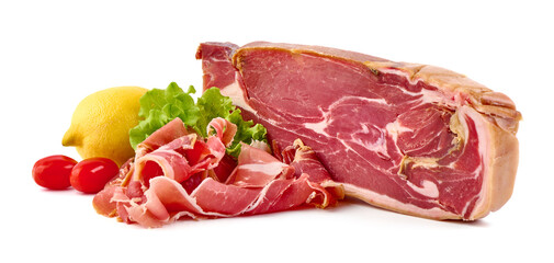 Delicious jerked prosciutto crudo, isolated on white background. High resolution image. - obrazy, fototapety, plakaty