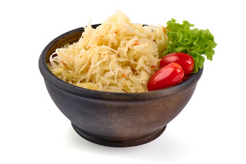 Fresh Sauerkraut from white Cabbage isolated on white Background.