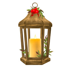 A wooden lantern with a candle is decorated with green branches and red berries
