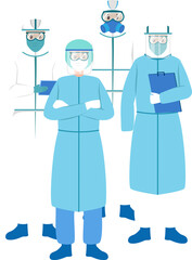 Medical Team . Doctor with PPE ( Personal Protective Equipments ) coat . Cartoon characters . Vector .