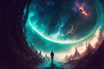 Generative ai astronaut exploring planet watching outer space.