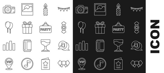 Fototapeta premium Set line Bow tie, Musical note in speech bubble, Candy, Birthday cake candles, Gift box, Balloons with ribbon, Photo camera and Signboard party icon. Vector