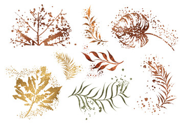 Minimalist style of hand drawn plants. Vector plants and grasses in gold style with gloss effects and and gold paint splatters. With leaves and organic shapes.