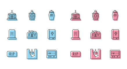 Set line Speech bubble rip death, Coffin in grave, Old crypt, Beat dead monitor, Grave with tombstone, Holy bible book, and Funeral urn icon. Vector