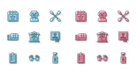 Set line Grooming salon price list, Medical rubber gloves, Calendar grooming, Pet shampoo, Certificate for dog or cat, Towel stack and Dog icon. Vector