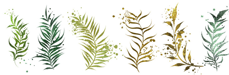 Minimalist style of hand drawn plants. Vector plants and grasses in gold style with gloss effects and and gold paint splatters. With leaves and organic shapes.