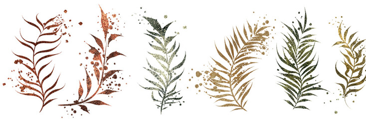 Minimalist style of hand drawn plants. Vector plants and grasses in gold style with gloss effects and and gold paint splatters. With leaves and organic shapes. © beoyou