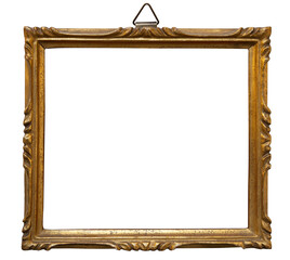 Antique golden frame isolated on white background. Old wooden frame with floral carvings painted with gold paint. Italian heritage and antiquities