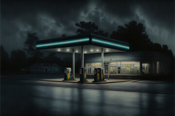 Retro gas station in usa 60s with neon AI