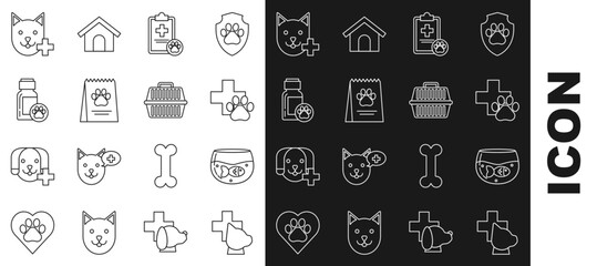 Set line Veterinary clinic symbol, Aquarium with fish, Clipboard medical clinical record pet, Bag of food for dog, Dog medicine bottle, and Pet carry case icon. Vector