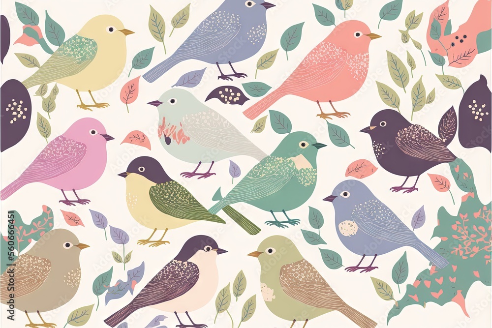 Poster a group of birds sitting on top of a tree branch next to leaves and flowers on a white background wi