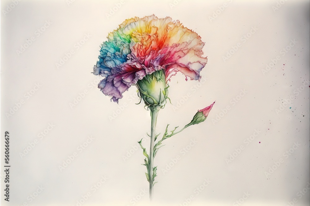 Poster a flower with a rainbow colored center on a white background with watercolors on it and a green stem
