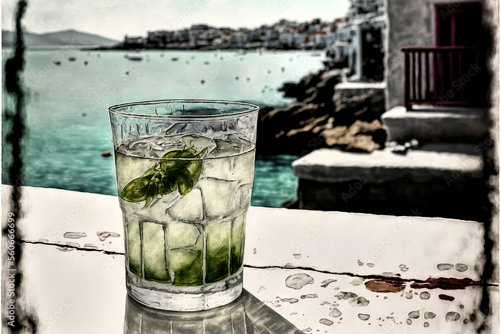 Poster a glass of water with a green leaf in it on a table near a body of water and a building with a balco