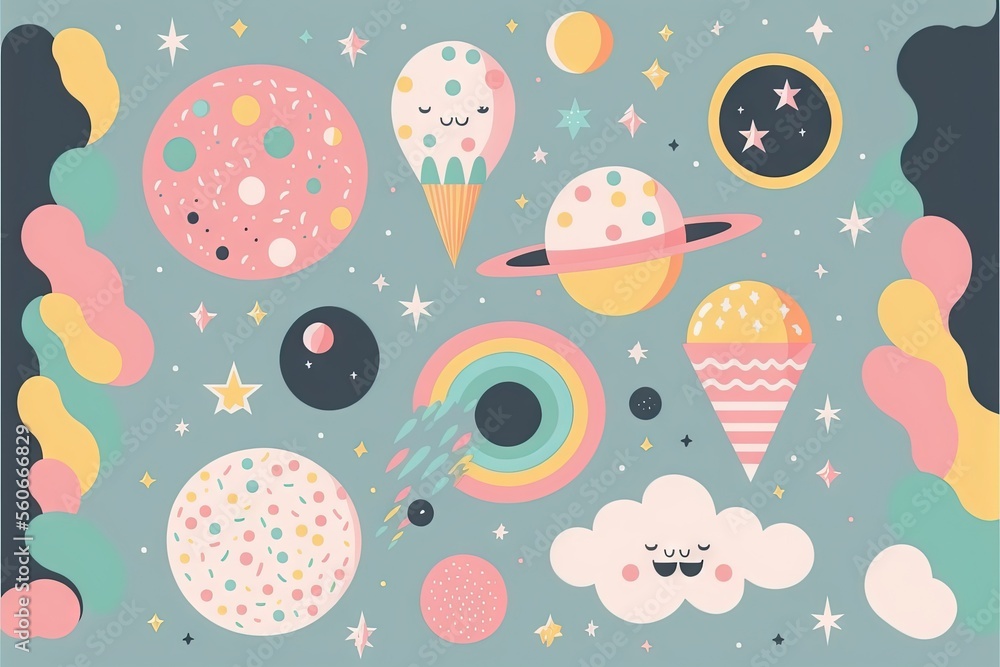 Poster a painting of a space scene with planets and stars on a blue background with clouds and stars in the