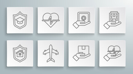 Set line House with shield, Life insurance, Plane, Delivery, hand, Safe, and Graduation cap icon. Vector