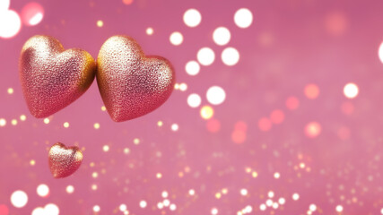 Golden chocolate hearts on a pink bokeh background. Valentine's Day, love, friendship & connection concept. Elegant, polished & beautiful background, wallpaper or banner.