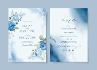 Watercolor wedding invitation template set with blue floral and leaves decoration