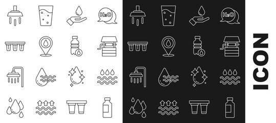 Set line Bottle of water, Wave with drop, Well bucket, Washing hands soap, Water location, filter, Shower and icon. Vector