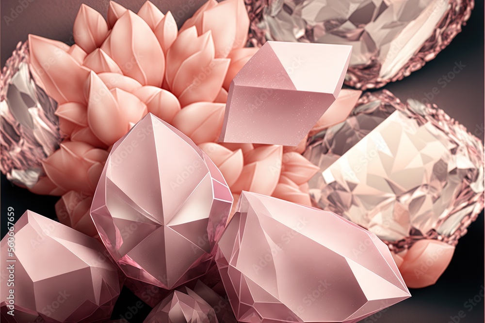 Poster a bunch of diamonds sitting next to each other on a table top with a flower on top of it and a pink 