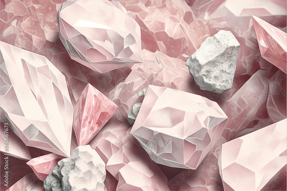 Poster a group of pink and white rocks and rocks on a pink background with a white border around them and a