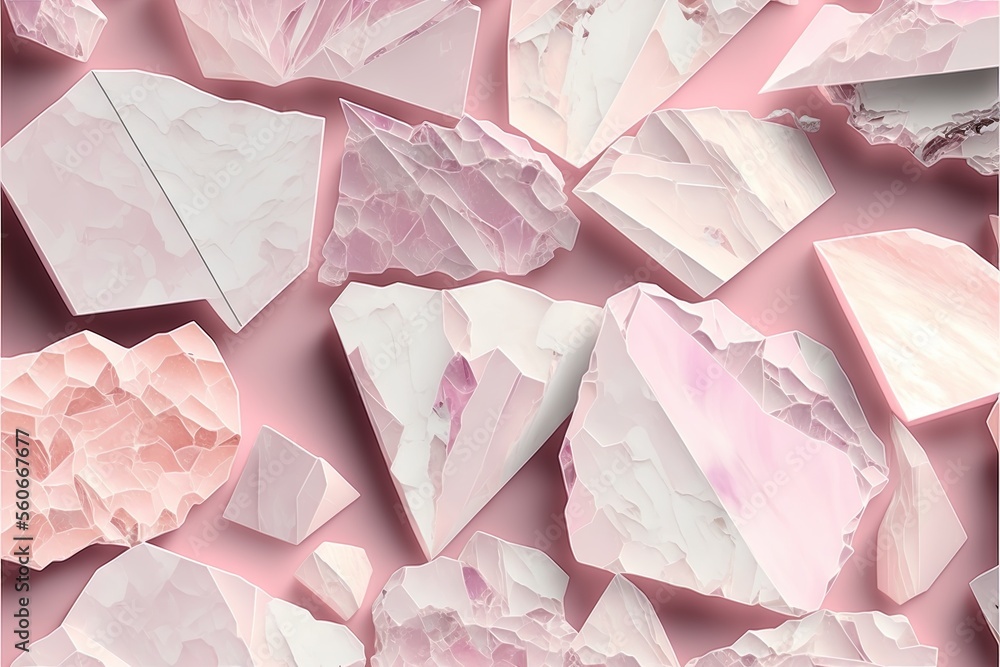 Poster a pink and white background with many different shapes of rocks and rocks on it, all in different co