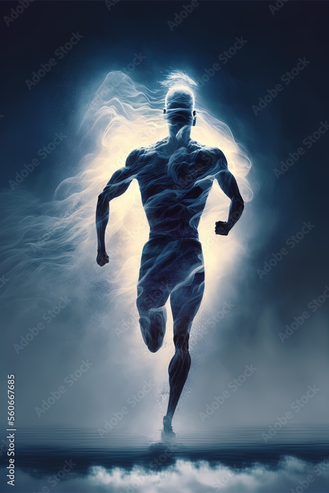 Poster a man running through the air with a light shining on him and clouds around him and behind him is a 