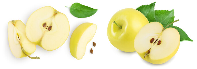 yellow apple half isolated on white background with full depth of field. Top view. Flat lay.