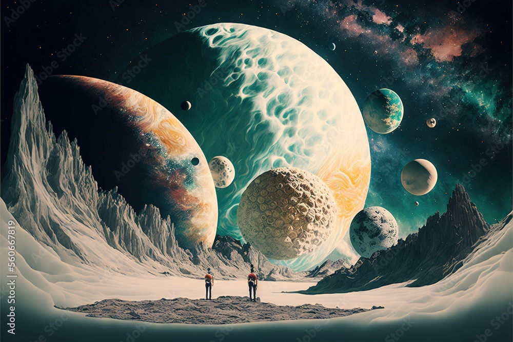 Aufkleber a painting of a group of people standing in front of a group of planets in the sky with mountains an