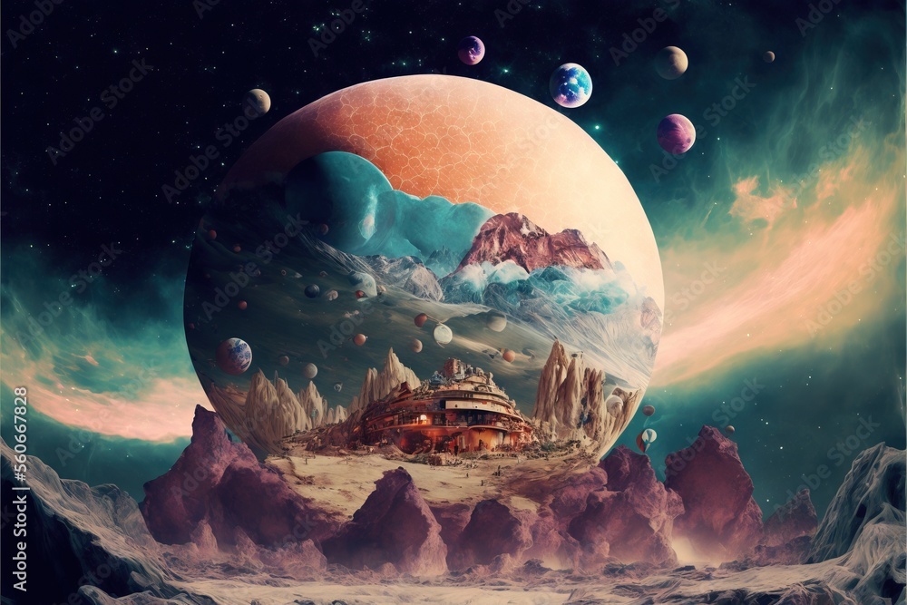 Poster a painting of a planet with a house in the middle of it and mountains in the background with planets