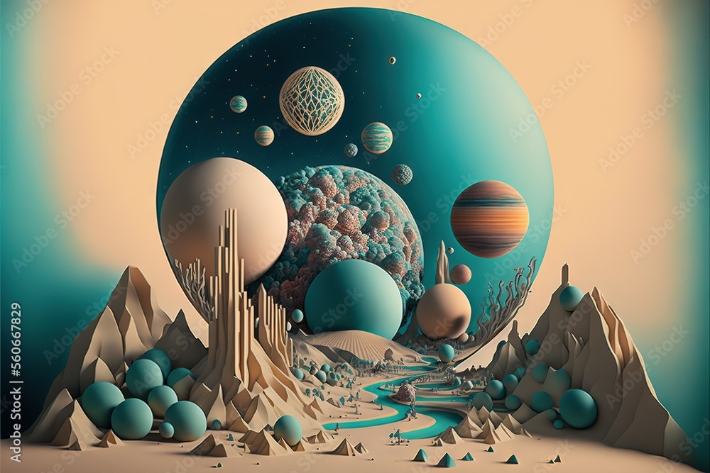 Aufkleber a painting of a landscape with planets and a stream of water in the middle of it, with a sky backgro