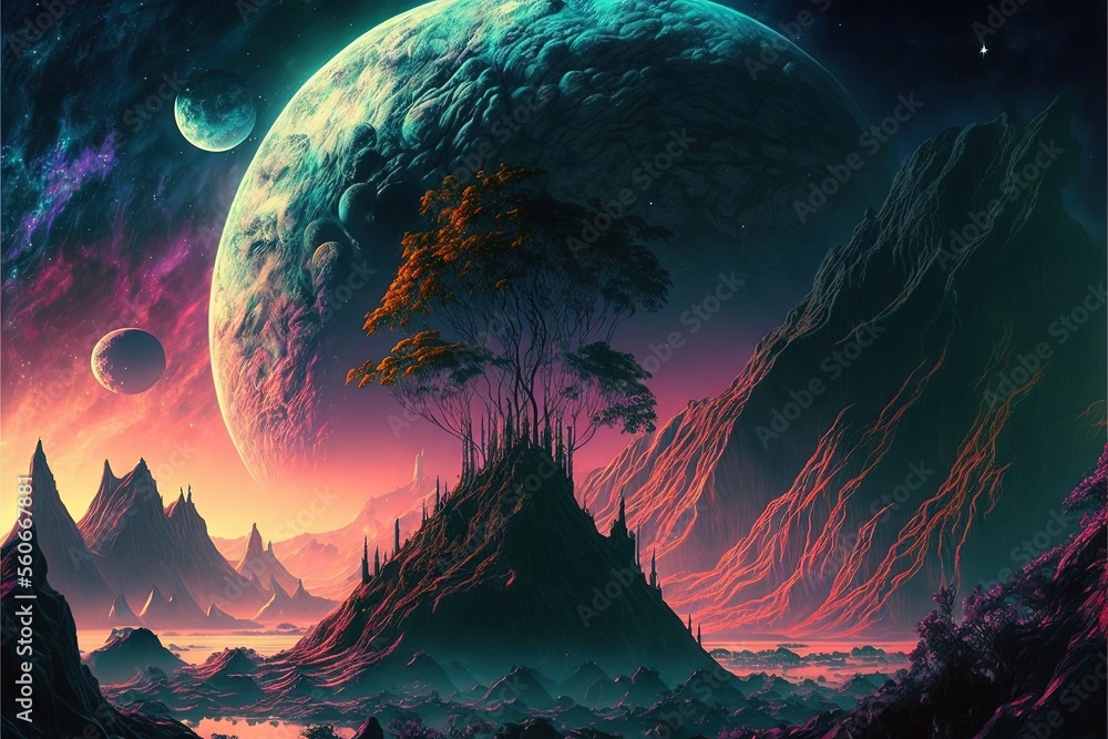 Poster a painting of a planet with mountains and trees in the foreground and a distant sky with a distant s