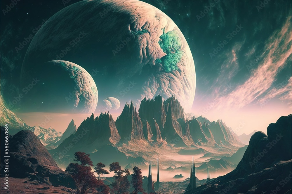 Poster a painting of a mountain landscape with a mountain range in the background and a distant planet in t
