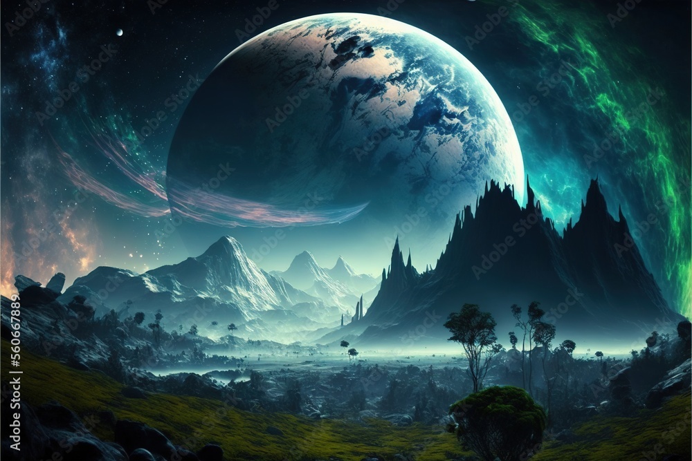 Poster a painting of a planet with mountains and trees in the background and a sky with stars and clouds in