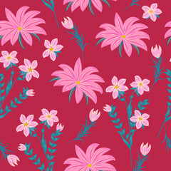 Fototapeta na wymiar Seamless pattern with abstract flowers in viva magenta colors, vector background, plants, botanical design for fashion, fabric
