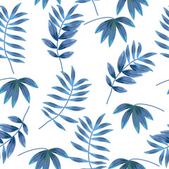Fototapeta premium Seamless pattern with abstract tropical leaves of palm tree on white. Vector background, jungle wallpaper for fabric