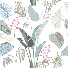 Fototapeta na wymiar Tropical vector seamless pattern with leaves of palm tree and flowers