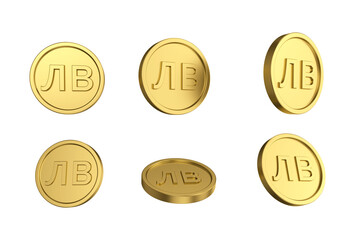 3d illustration Set of gold Bulgarian lev coin in different angels