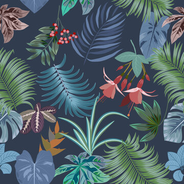 Seamless pattern with bright flowers and tropical leaves of palm tree on dark background. Botany vector background, jungle wallpaper.