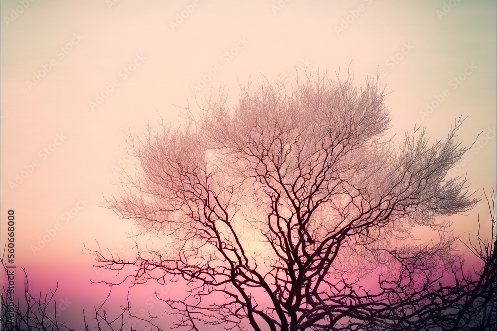 Poster a tree with no leaves in front of a pink sky with clouds in the background and a pink sky with a few