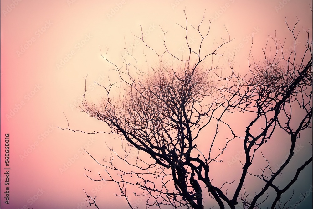 Poster  a tree with no leaves in the foreground and a pink sky in the background with a few clouds in the distance, with a bird perched on the branch of the left side of the tree., generative ai