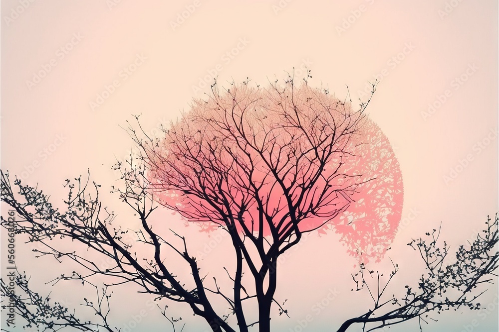 Poster a tree with a pink sun in the background and a pink sky in the background with a pink circle in the 