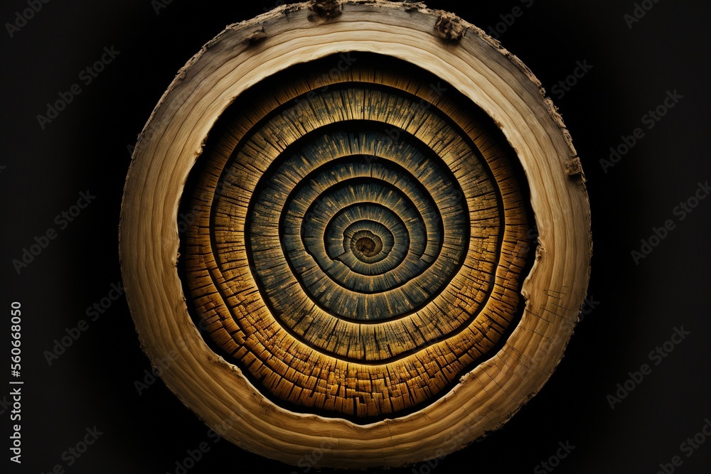 Poster a close up of a tree trunk with a spiral design on it's center piece, with a black background and a 