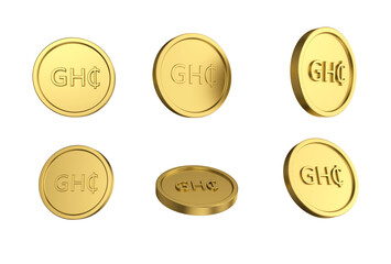 3d illustration Set of gold Ghanaian cedi coin in different angels