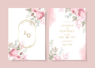 Wedding invitation template set with soft pink floral and leaves decoration